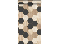 PAPIER PEINT VINYLE INTISSE GETA HEXAGONES TROMPE OEIL BOIS NOIR