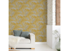 PAPIER PEINT VINYLE INTISSE PALME SPRINGS JAUNE MOUTARDE