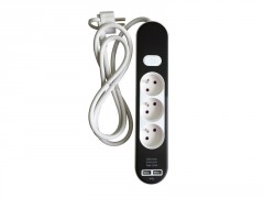 BLOC 3PRISES INTERRUPTEUR USB 1.5M, BLANC/NOIR