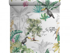 PAPIER PEINT VINYLE INTISSE PALME PERROQUET MULTICOLOR
