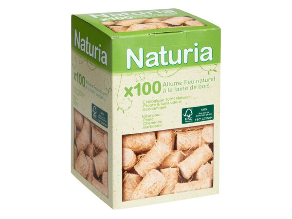 ALLUME FEU LAINE BOIS CIRE NATURIA BOITE 100 PIECES