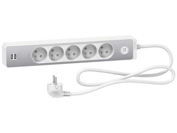 BLOC 5 PRISES TERRE + 2 USB ALUMINIUM 1,50M SCHNEIDER ELECTRIC