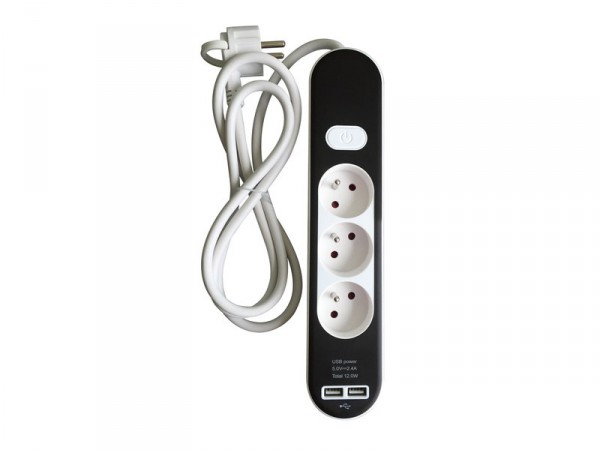BLOC 3PRISES INTERRUPTEUR USB 1.5M, BLANC/NOIR