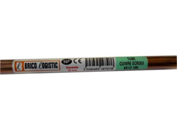 TUBE ALIMENTATION CUIVRE ECROUI 8X10MM BARRE DE 1M