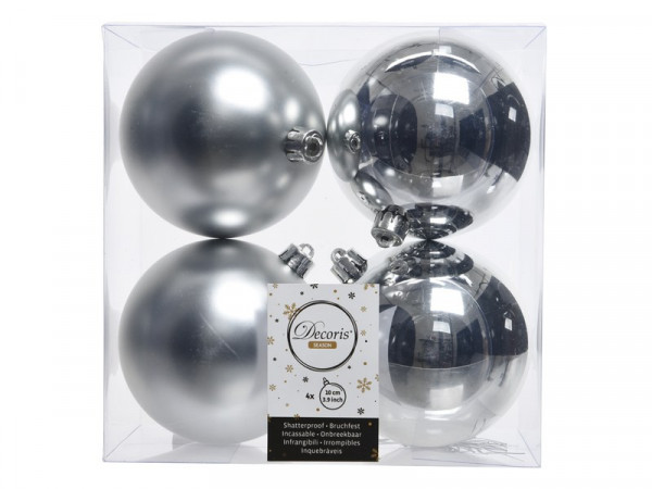 BOULE NOEL PLASTIQUE D10CM ARGENT BRILLANT/MAT LOT DE 4