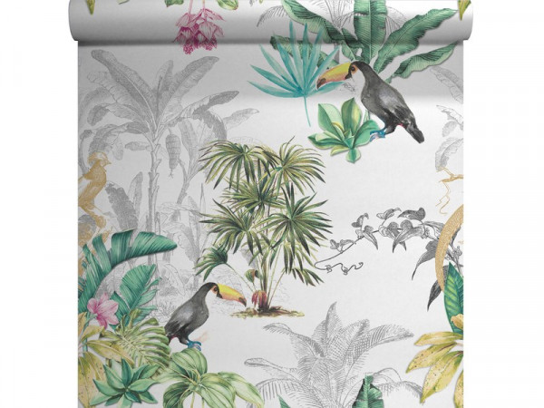 PAPIER PEINT VINYLE INTISSE PALME PERROQUET MULTICOLOR